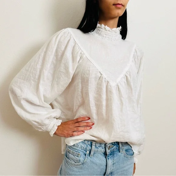 DISSH Linen Blouse Top White High Neck Long Sleeve Boho - Picture 5 of 12